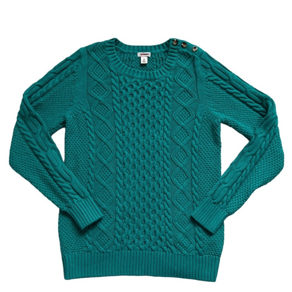 LL Bean Teal Green Cable Knit Crew Neck Button Neck 100% Cotton Size Medium